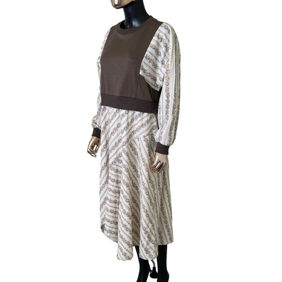 🆕 Anniewear Los Angeles Long Sleeve Midi Dress Brown Bodice with Floral Skirt - Picture 10 of 12